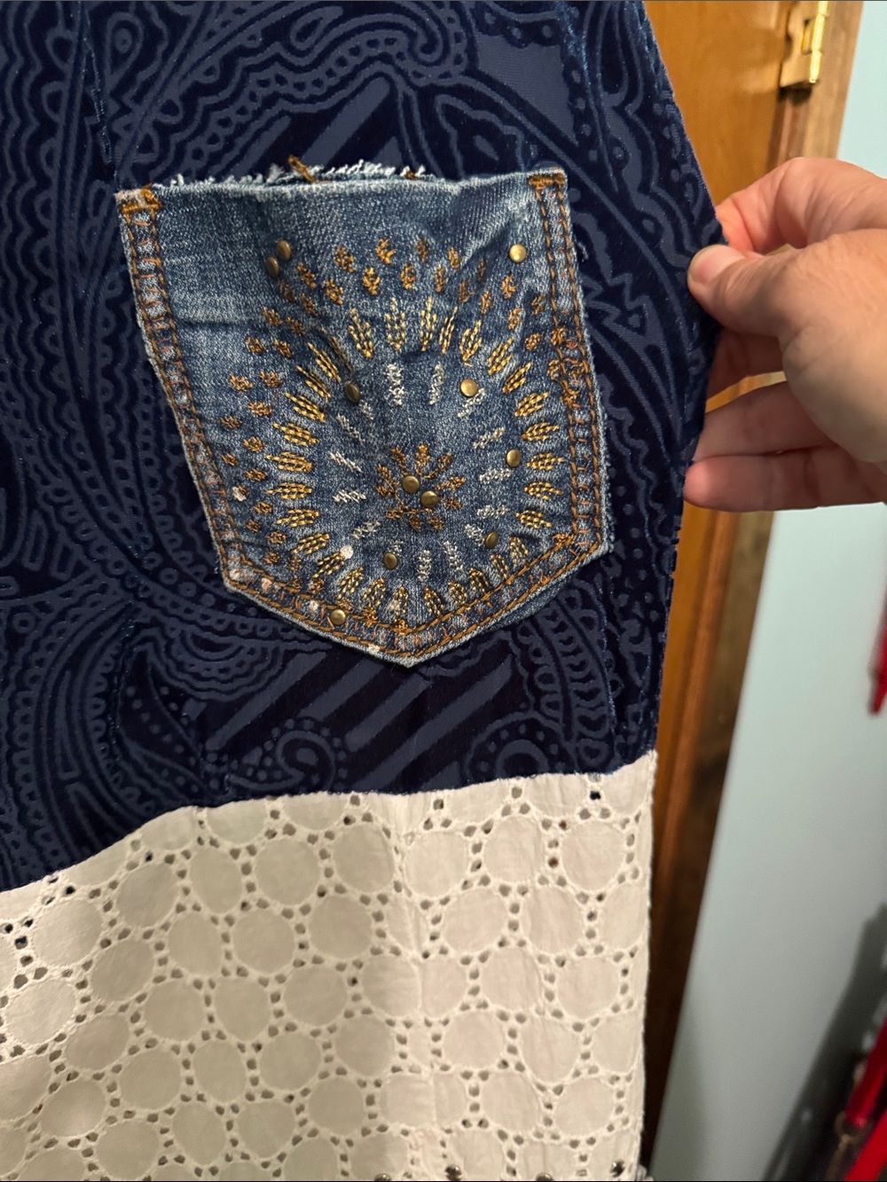 Boho Patchwork Navy and Cream Wide-Leg Pants - Picture 3 of 5